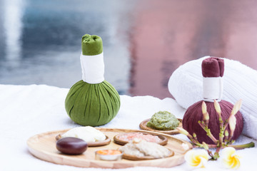 Spa set with massage and spa salon background. Beauty and fashion concept.