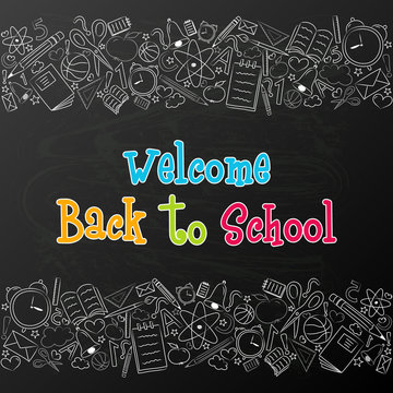 Welcome back to school - multicoloured poster with funny hand drawn elements. Vector.