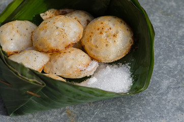 Khanomkrok In Banana Leaf This Is a Traditional Thai Dessert.