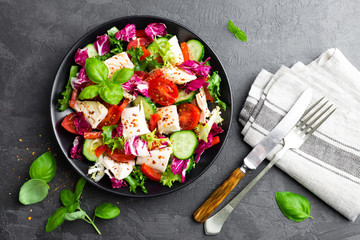 Salad with chicken meat. Fresh vegetable salad with chicken breast. Meat salad with chicken fillet and fresh vegetables on plate