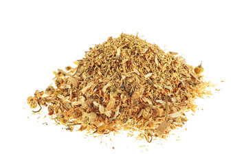 Heap of dried chamomile isolated on white background, closeup.