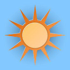 Vector illustration, orange sun in papercut style with transparent shadows isolated on blue background
