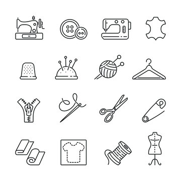 Sewing related icons: thin vector icon set, black and white kit