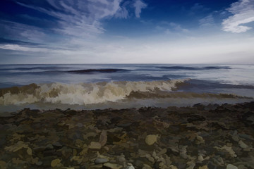 Fototapeta na wymiar Seabeach painted illustration. Sea waves, stones, cloudy sky drawn landscape.