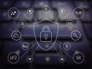 Cyber security, data protection, network securtiy, data safety, social media protection concept. A shield with padlock connected social media icons on blurred background.