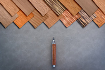 home deisgn with material wood sample on grey chalkboard