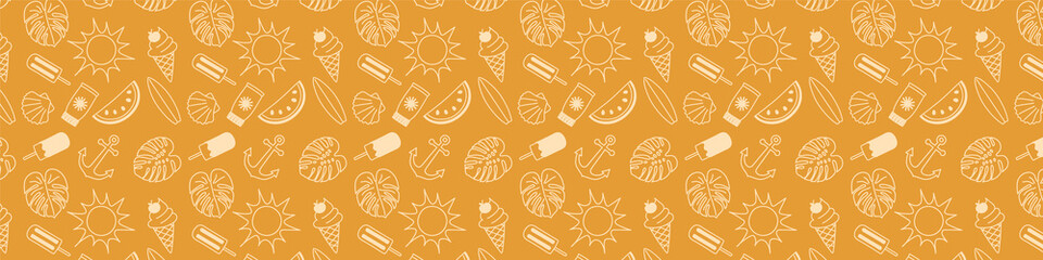 Banner with hand drawn summer icons and copyspace. Vector.