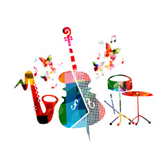 Music colorful background with violoncello, saxophone and percussion cymbals vector illustration design. Music festival poster, creative music instruments with music notes isolated