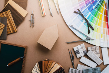 design concept with material sample with stone laminate veneer wooden pencil with free copy space for your creativity ideas text