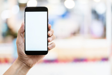 business communication ideas concept with hand hold white blank screen smartphone with blur bokeh...