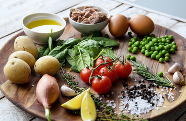 Ingredients. Tuna salad with lettuce, eggs and tomatoes.