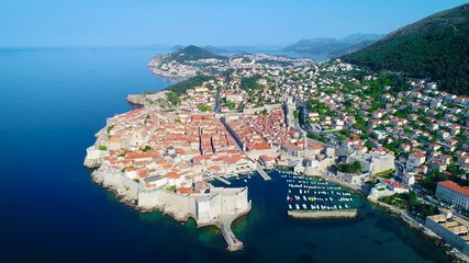 Dubrovnik aerial flying view, historic town in Dalmatia region of Croatia