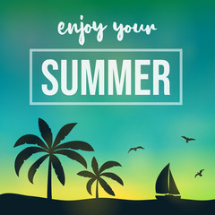 Fototapeta na wymiar Summertime - silhouette of palm trees on colourful background. Poster with text. Vector.