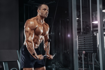 Fototapeta na wymiar Handsome power athletic man on diet training pumping up muscles with dumbbell and barbell. Strong bodybuilder with six pack, perfect abs, shoulders, biceps, triceps and chest