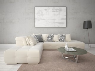 Mock up a stylish living room with a fashionable empty frame and a light beige sofa.