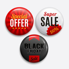 Set of glossy sale badges. Product promotions. Discount buttons collection. Black friday, special offer, super sale. Vector.