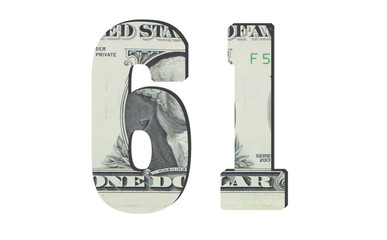 61 Number. American dollar banknotes. Money texture. Isolated on white background