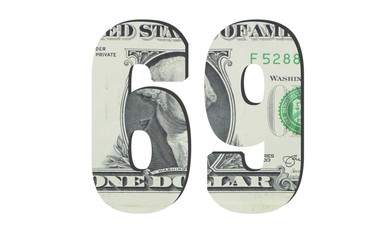 69 Number. American dollar banknotes. Money texture. Isolated on white background