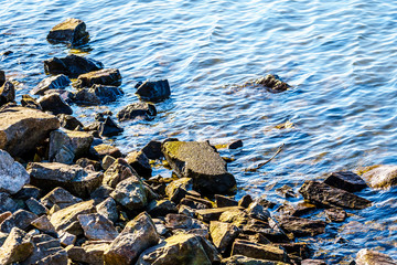 Rocks on the shoreline of the Matsqui Dyke along the Fraser River between the towns of Abbotsford and Mission in British Columbia, Canada