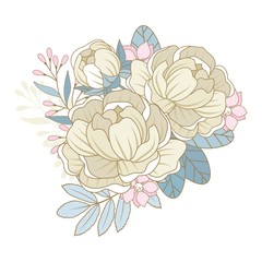 Vector flowers, floral bouquet, leaves and twigs. Composition for a wedding or a postcard. Vector illustration.