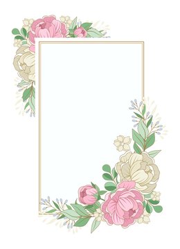 Summer floral frame. Flowers, leaves and twigs. Composition for a wedding or a postcard. Vector illustration.