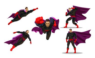Comic superhero actions in different poses. Male super hero vector cartoon characters. Set or collection of heroic cartoon character. - obrazy, fototapety, plakaty