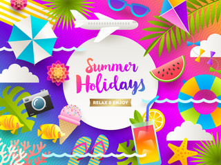 Flat design vector illustration. Summer holidays and beach vacation things and items on a bright gradient background.