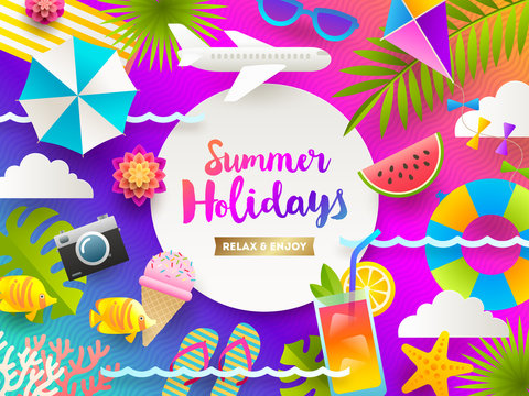 Flat design vector illustration. Summer holidays and beach vacation things and items on a bright gradient background.