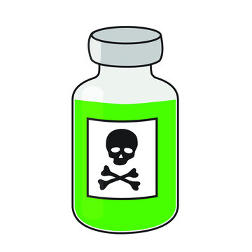 glass vial of poison, green liquide with sign of toxicity skull with crossbones label, simple flat coartoon vector icon