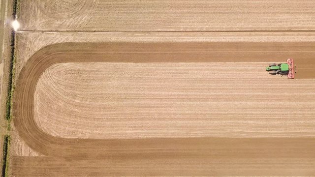 Trattore verde sta arando il terreno per la semina del grano. Vista aerea