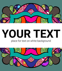 A square background for text. Beautiful cover template. Frame with a color pattern. The message is in white. Eastern motives for business presentation.