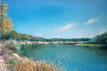 Painting. Landscape by the river. Oil painting river in Europe.
