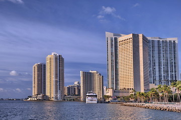Florida. Miami. Beautiful high-rise buildings on the shore in a bright sunny day