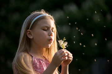 pretty little girl blowing a dandelion on a summer day in the park closeup