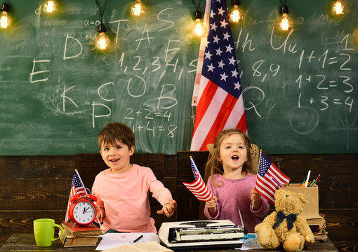 Private tutor might work best to help kid keep up with school. American flag blackboard. Talented child usually needs coaching. Concept with US flag and graduation hat symbol.
