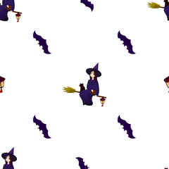 Pattern on a theme of a halloween with lovely witches, magicians. A seamless pattern for the holiday of Halloween from simple forms and contours with mystical witches with its magic cats.