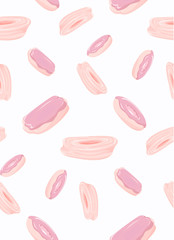 Pattern of falling eclairs and cottage cheese rings. A simple pattern of falling sweets and snacks in the form of eelkra with chocolate icing and a ring with curd from a tender dough.