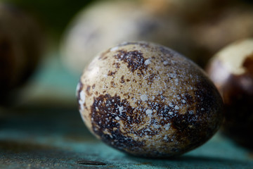 Fototapeta na wymiar Spotted quail eggs arranged on theblue textured background, selective focus.