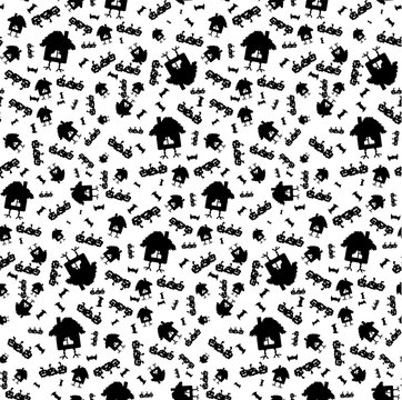 Pattern on the theme of Halloween with pumpkins and a house on chicken legs in black and white. A seamless pattern for Halloween with pumpkins, flying mice and a house on chicken legs.