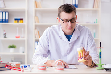 Dentist working teeth implant in medical lab