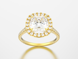 3D illustration yellow gold engagement wedding cushion diamond ring