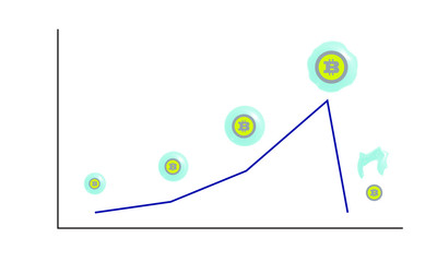 Bitcoin bubble and crack. Graph with coins and bubbles that increase in size representing the increase of value by speculation and finally loss of value.