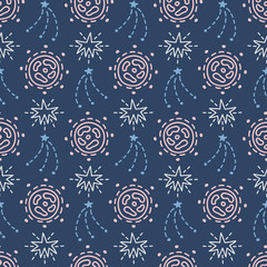 Space Galaxy childish seamless pattern with stars, cosmic elements