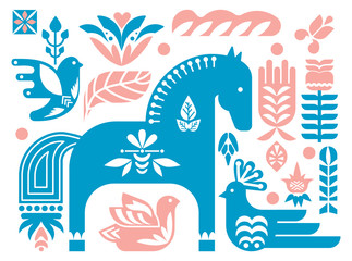 Swedish Dala horse pattern, Scandinavian seamless folk art design with flowers