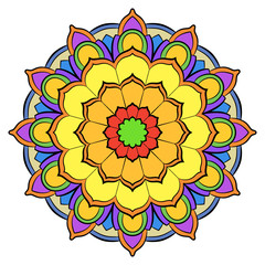 Colored mandala for color book. Symmetrical pattern in the circle.  Illustration for the album. Pattern for printing on fabrics. Figure for relaxation and meditation.