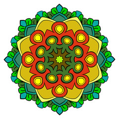 Colored mandala for color book. Symmetrical pattern in the circle.  Illustration for the album. Pattern for printing on fabrics. Figure for relaxation and meditation.