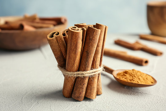 Tied Cinnamon Sticks On Table, Closeup