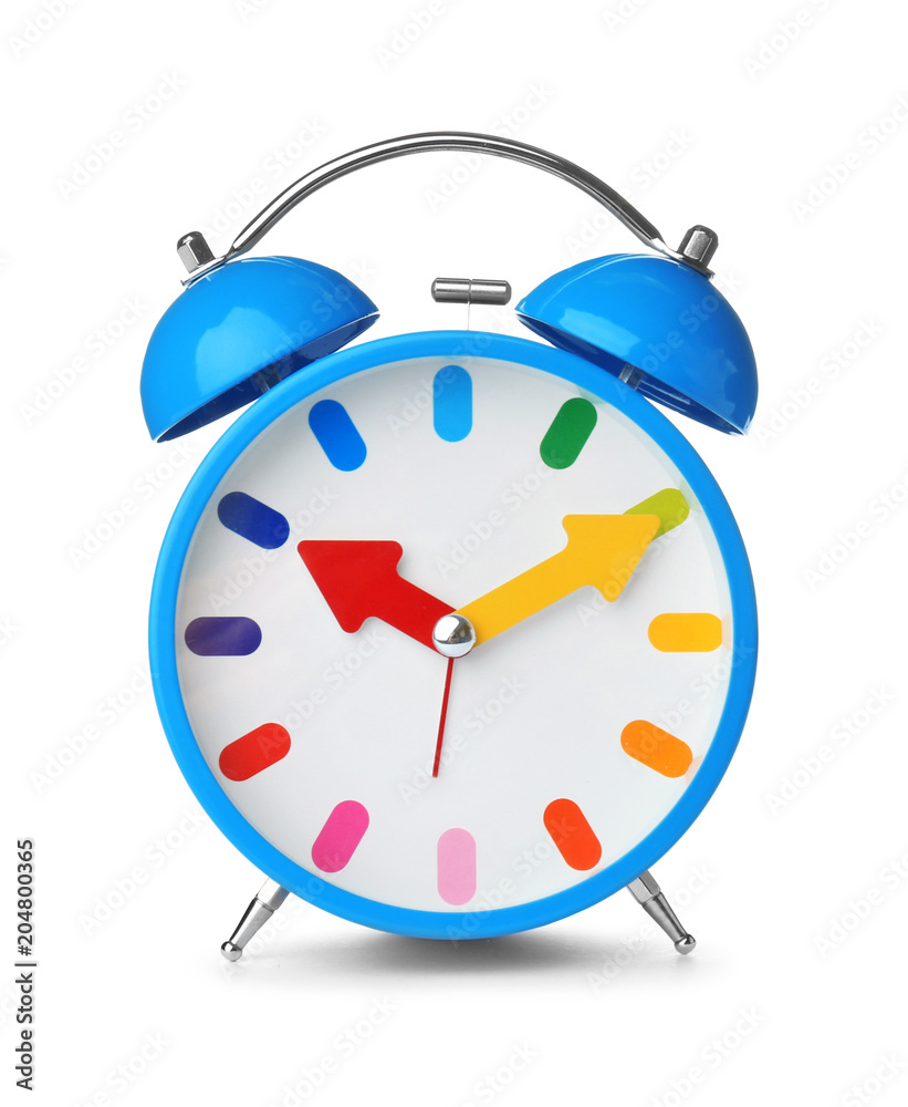 Poster alarm clock on white background. time change concept