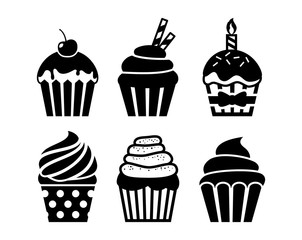 Black isolated cupcakes icons set. Cupcakes with topping, cream, birthday candle, cherry and sprinkles.