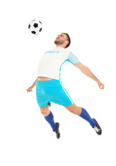 Fototapeta na wymiar Young man playing football on white background
